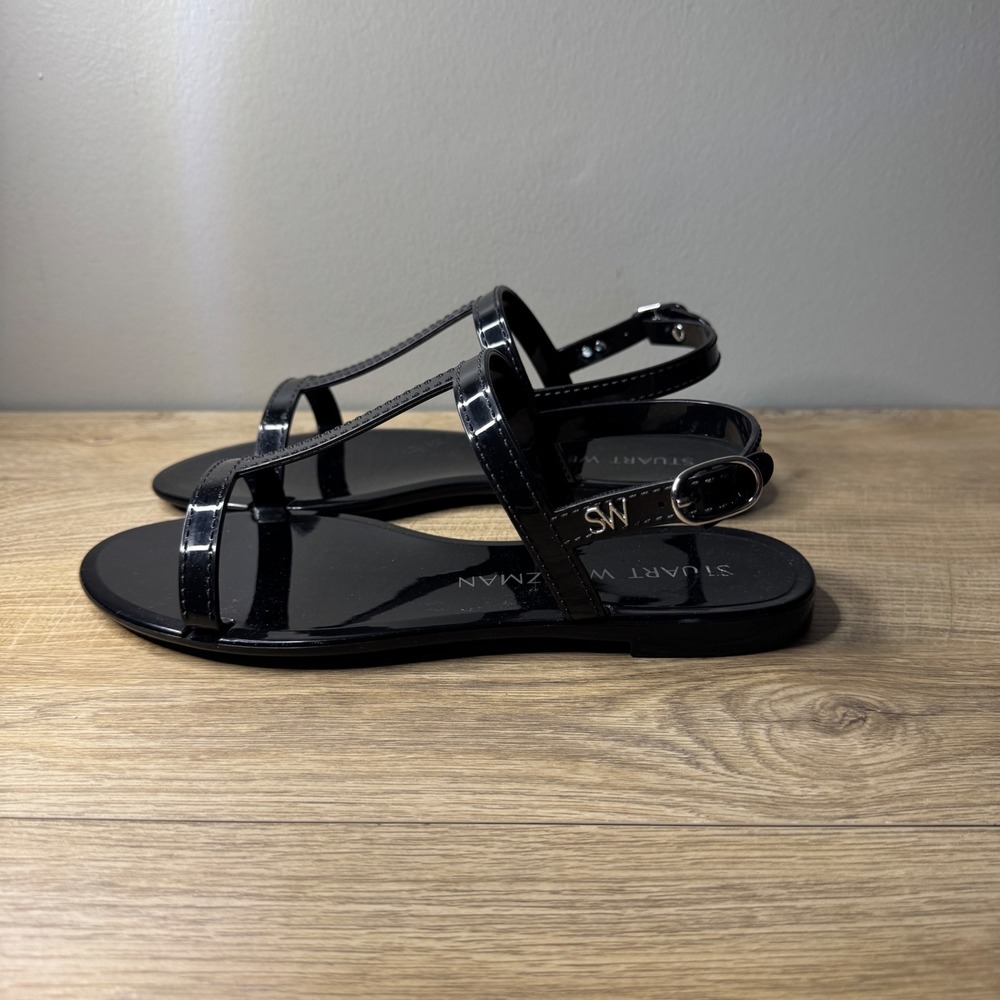 Stuart Weitzman Black Patent Strappy Ankle-Sling Sandals